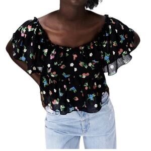 Zara Top Women's Medium Crop Blouse Off Shoulder Black Floral Strawberry